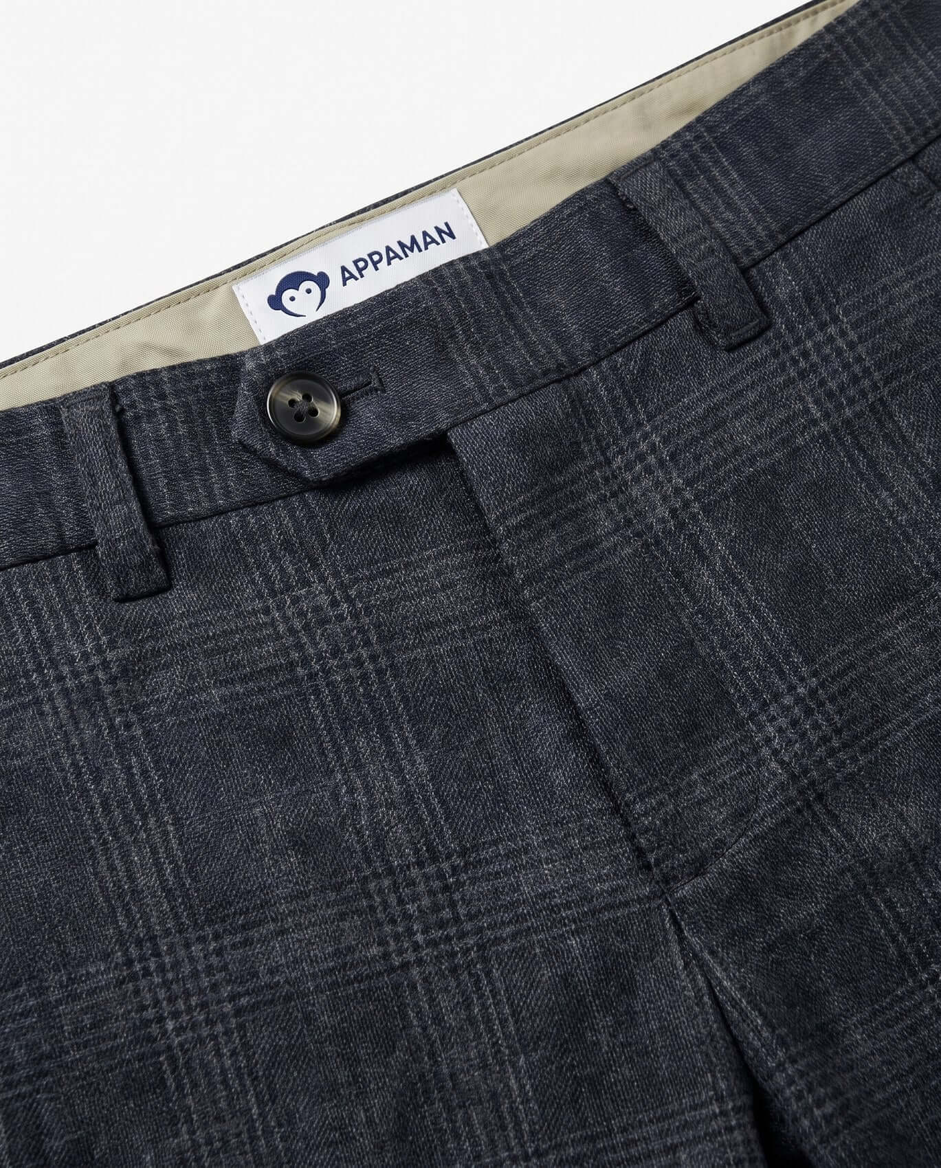 Close-up of dark blue plaid pants with a visible Appaman label.