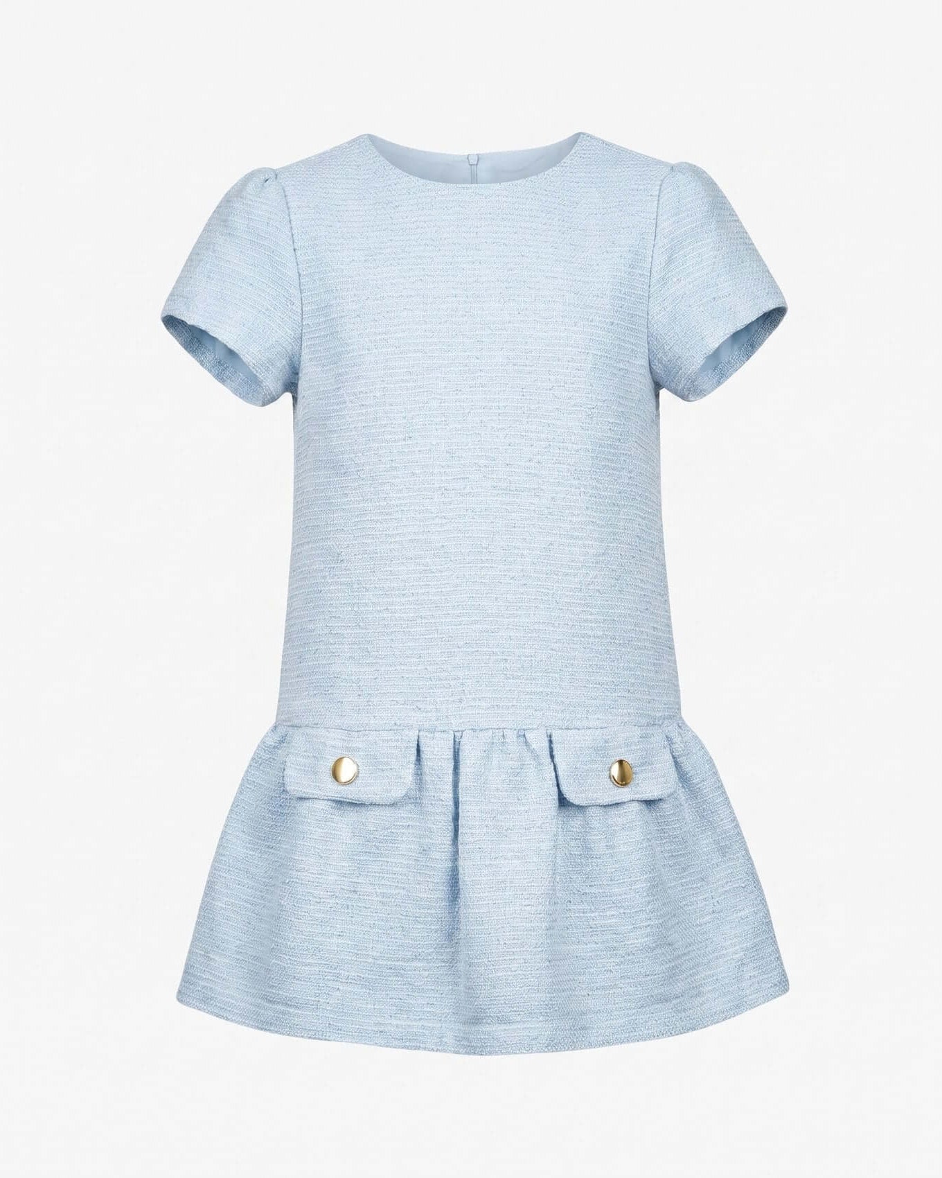 Light blue dress with short sleeves and gold buttons on a white background