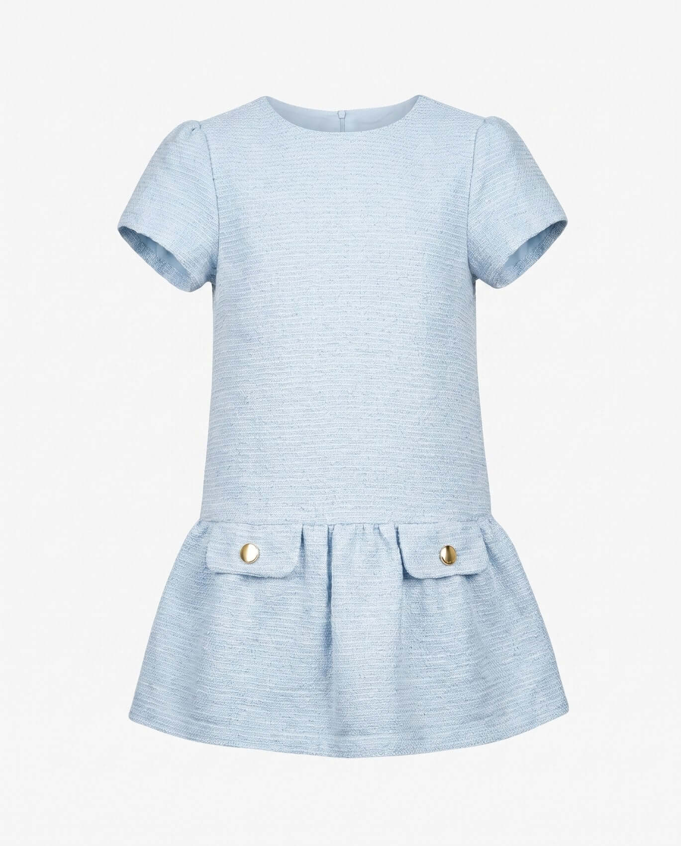 Light blue dress with short sleeves and gold buttons on a white background