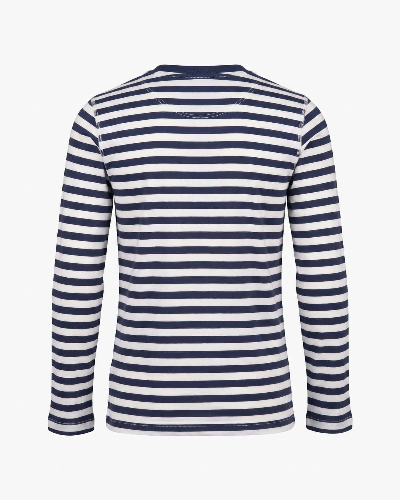 Navy and white striped long-sleeve shirt on a light gray background