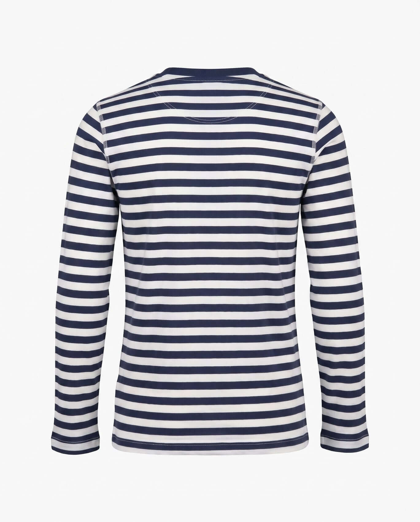 Navy and white striped long-sleeve shirt on a light gray background