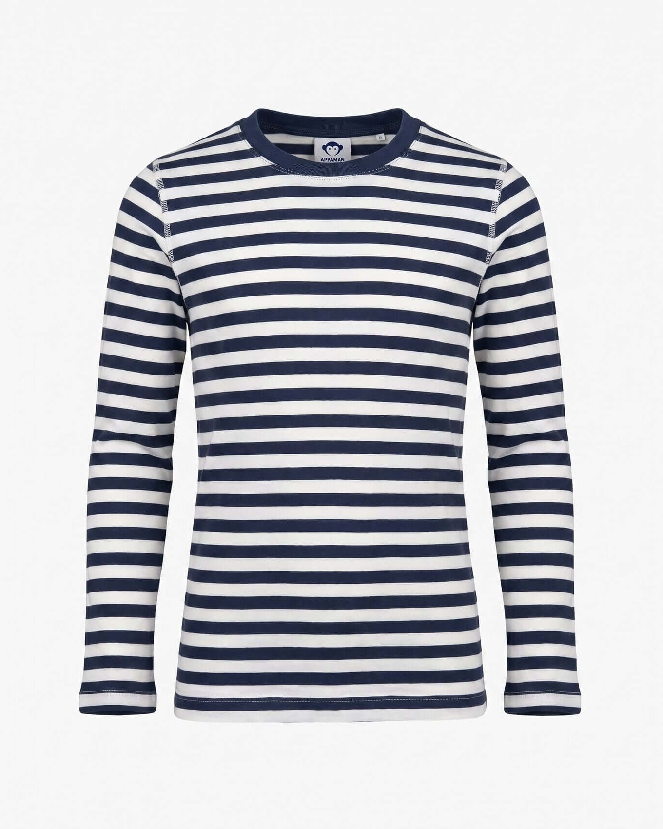 Navy and white striped long-sleeve shirt on a light gray background