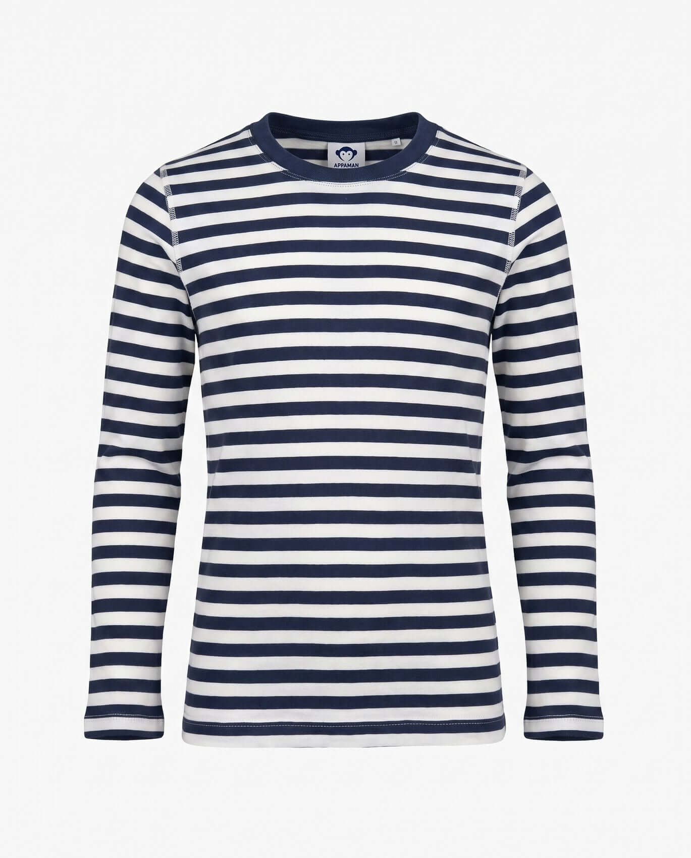 Navy and white striped long-sleeve shirt on a light gray background