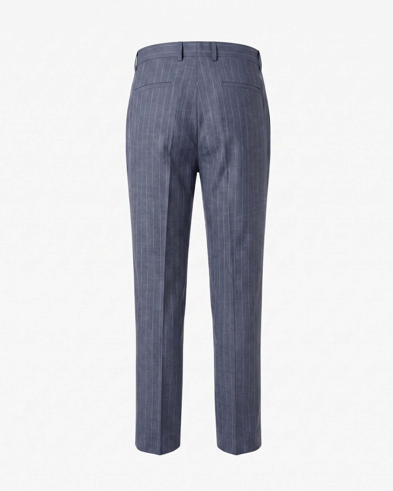 Blue striped dress pants on a white background
