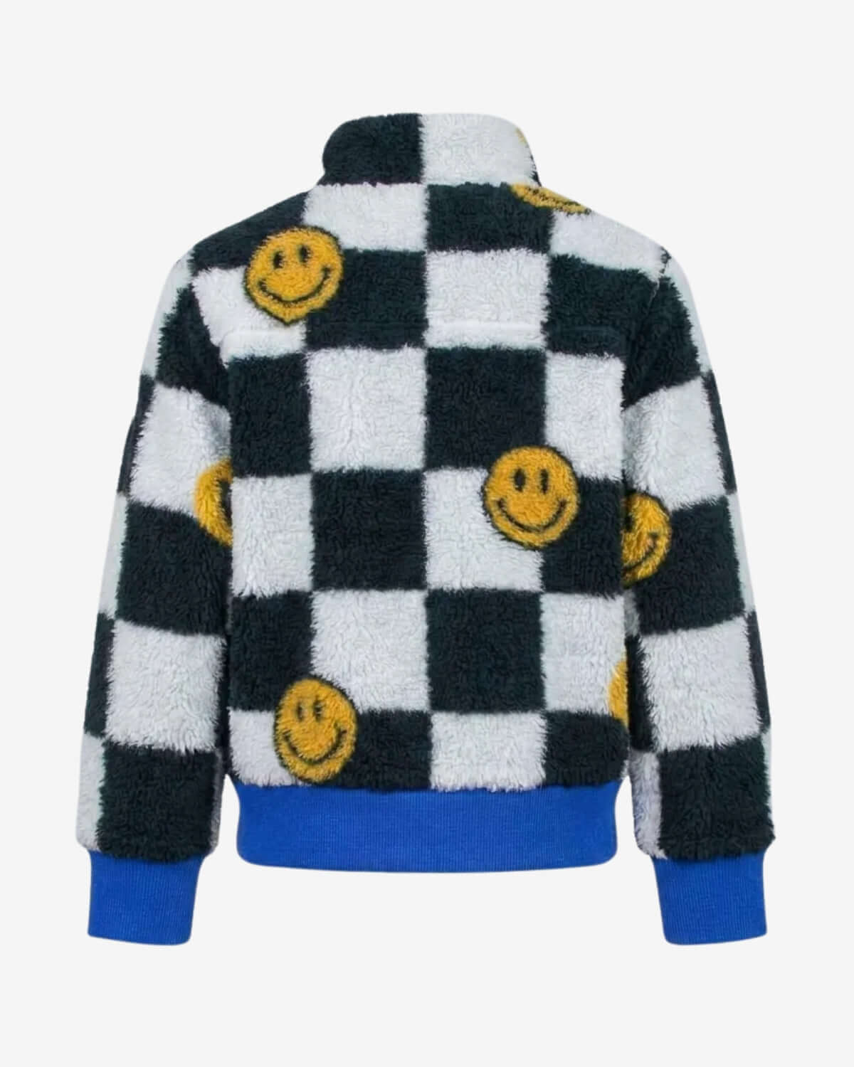 Checkered jacket with smiley face patterns on a white background