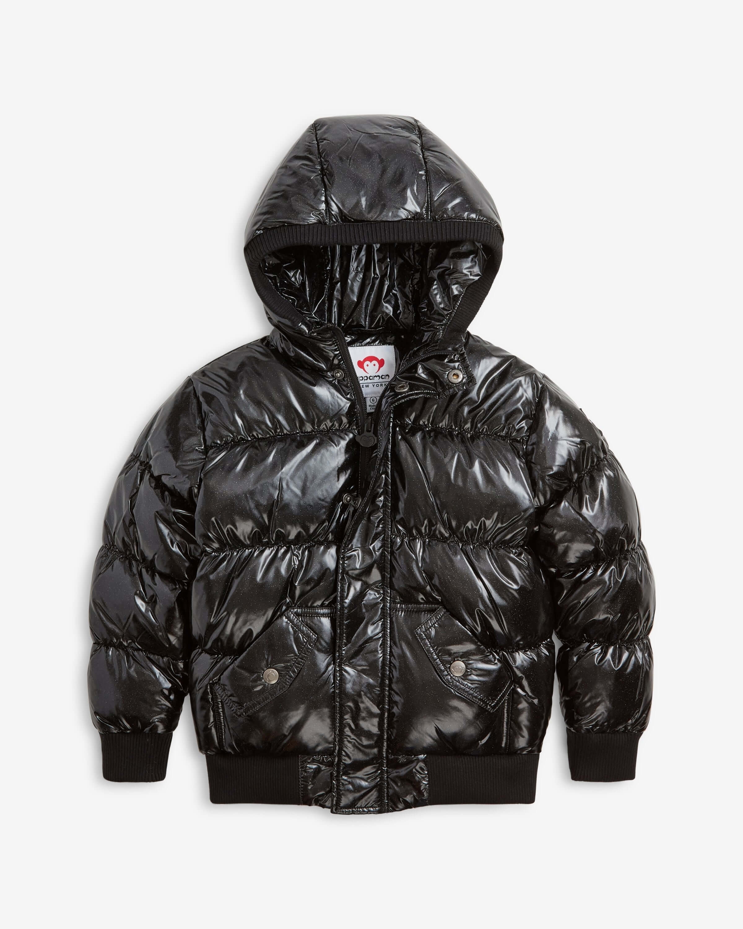 Black Glitter Puffy Coat featuring a shiny black exterior and cozy hood for kids, perfect for warm winter wear.