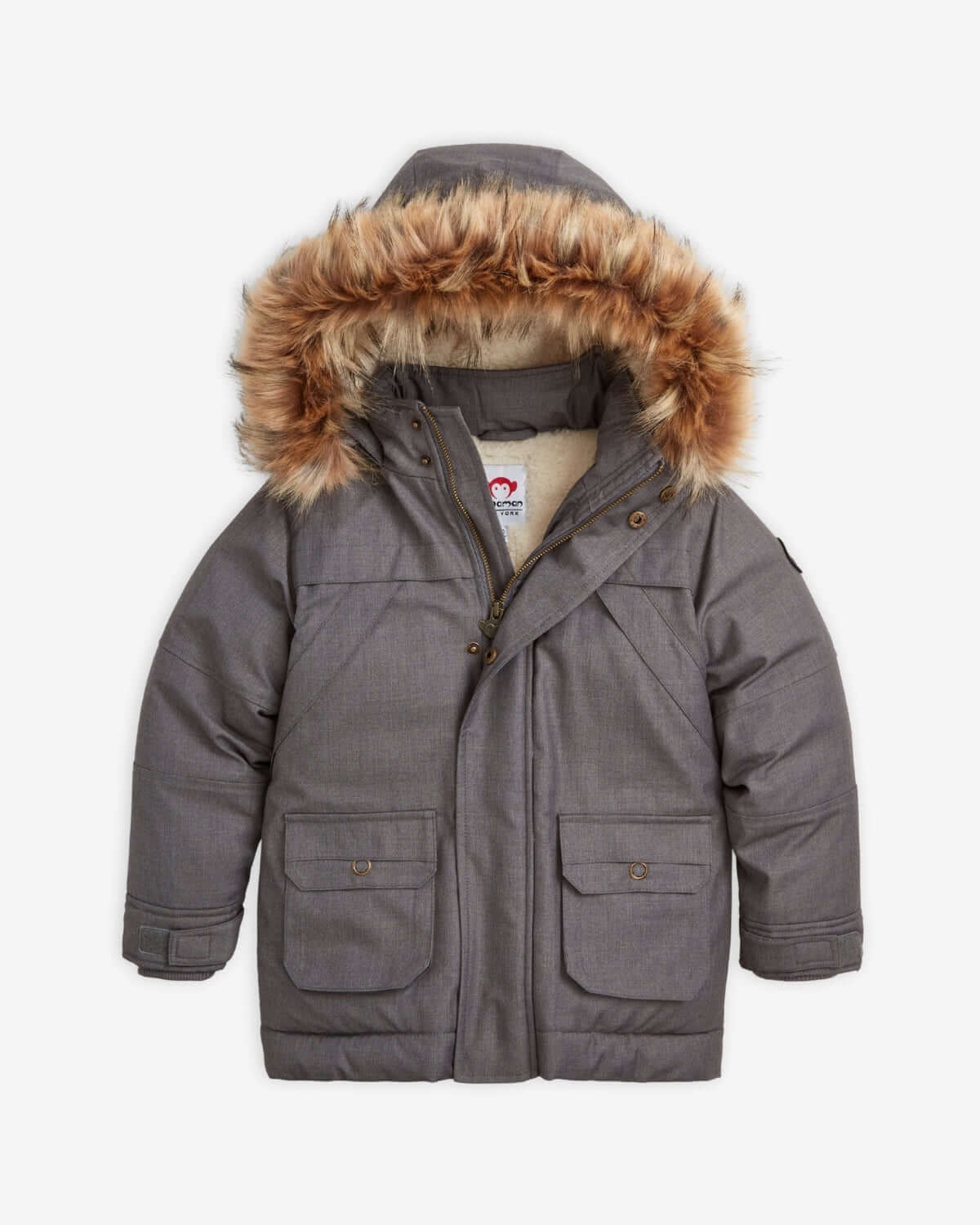 Grey Denali Down Coat featuring a rugged exterior and a warm fur-trimmed hood.