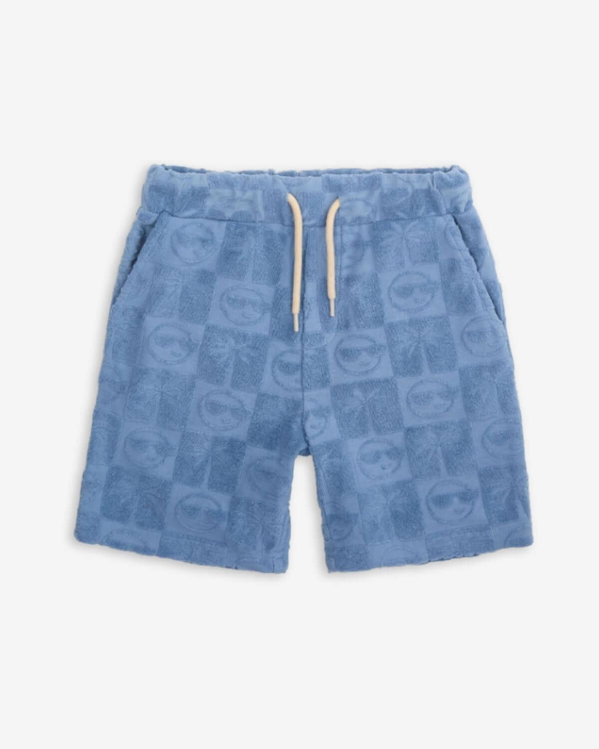 Blue Resort Terry Shorts featuring a playful design with palm trees and smiley faces in sunglasses.