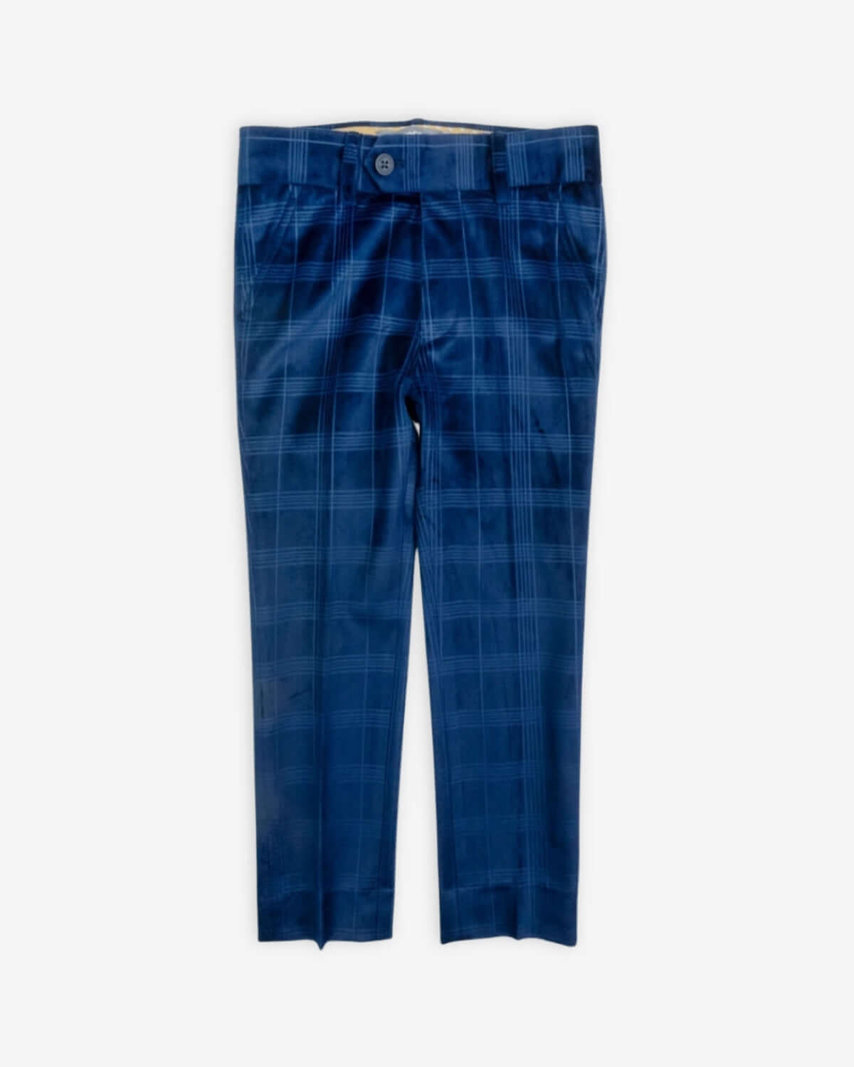 Blue Velvet Windows Suit Pants displayed on a white background, showcasing elegant blue velvet material and classic plaid pattern.