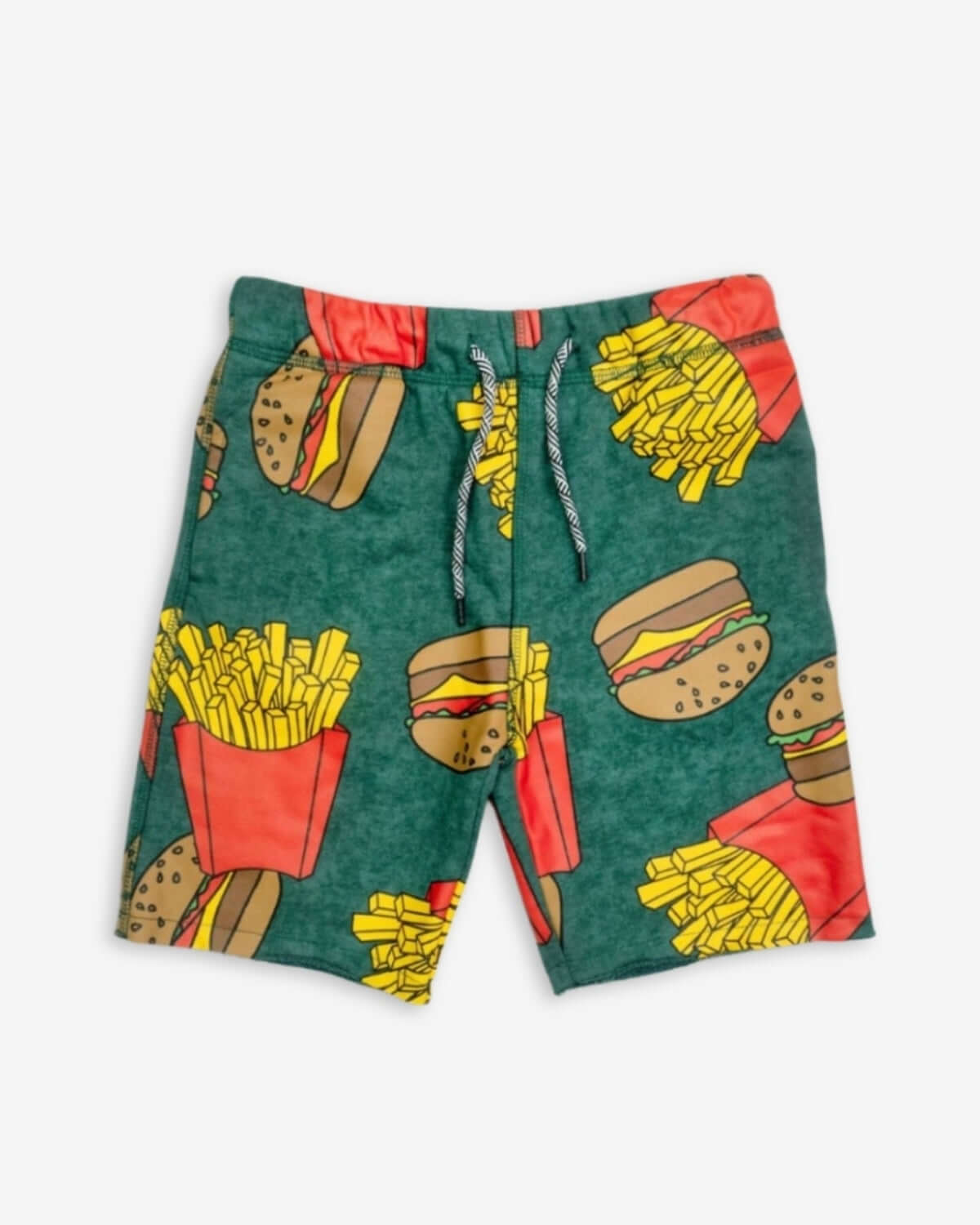 Burgers & Fries Camp Shorts featuring fun burger and fries print with drawstrings and back pockets.