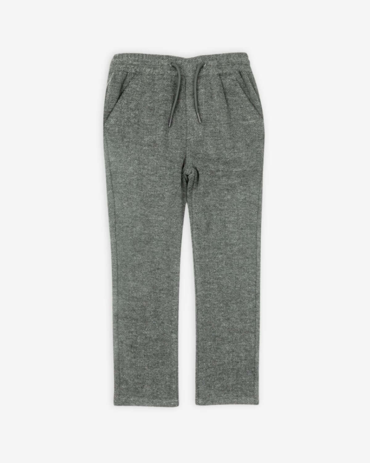 Charcoal Herringbone Everyday Stretch Pants for kids, featuring drawstring and pockets, perfect for all-day comfort.