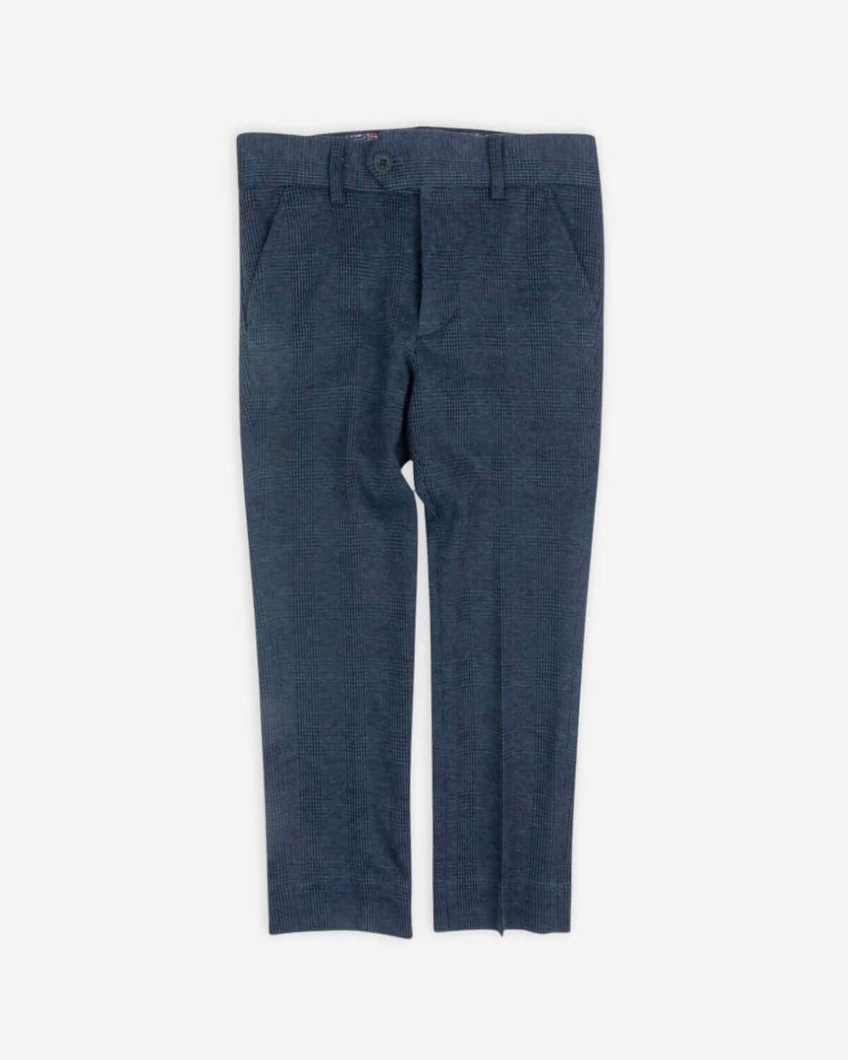 Indigo Wales Check Stretchy Suit Pants, stylish boys' dress pants with pockets and an adjustable waistband.