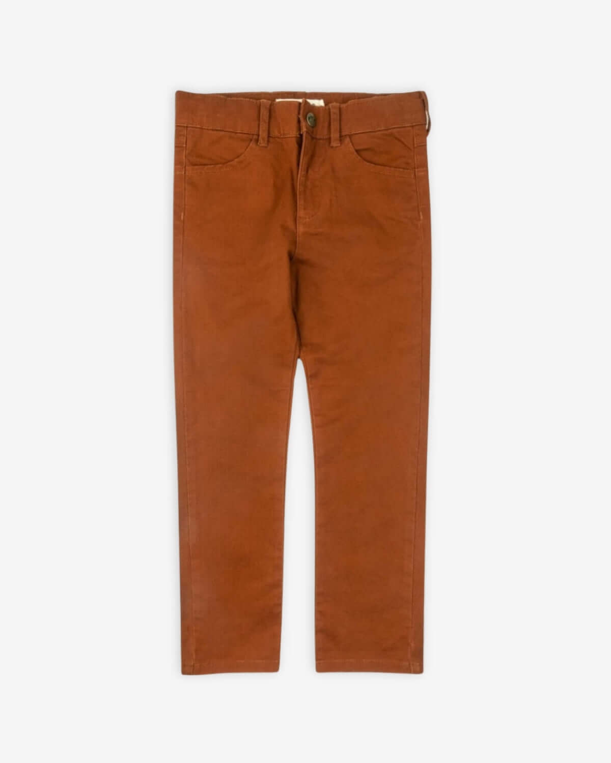 Terracotta Skinny Twill Pants in a slim cut style, showcasing a rich terracotta color and durable cotton twill fabric.