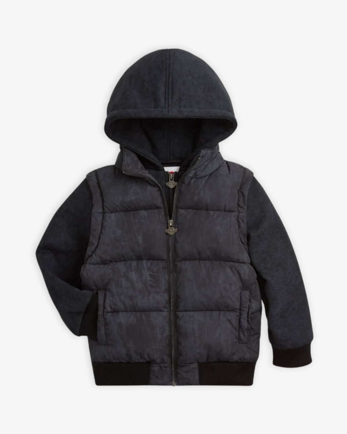 Washed Black Turnstile Jacket with cozy hood and removable sleeves, perfect for kids' cool-weather style.