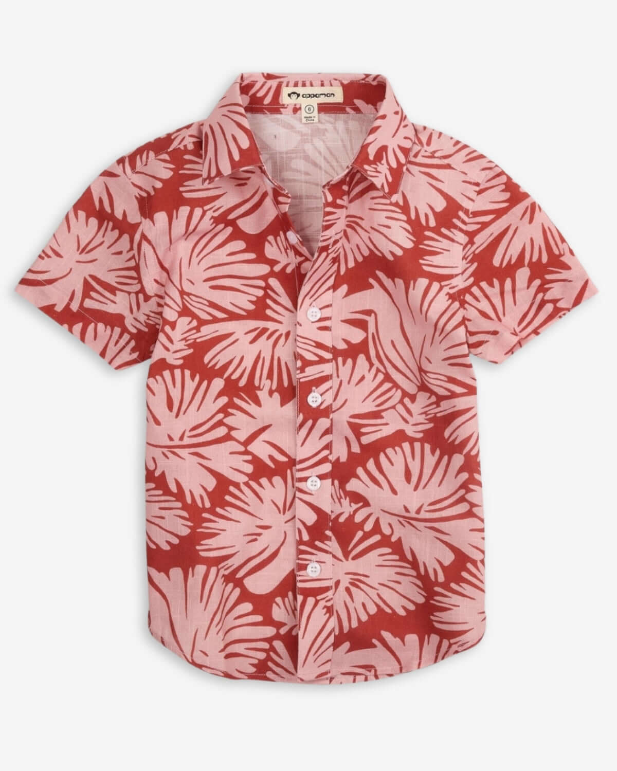 Clay Garden Day Party Shirt in vibrant clay red with playful leaf print for outdoor fun.