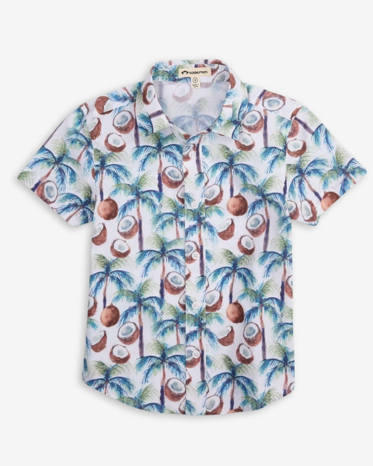 Coconut Palms Day Party Shirt featuring a tropical coconut and palm tree design for kids, perfect for sunny adventures.