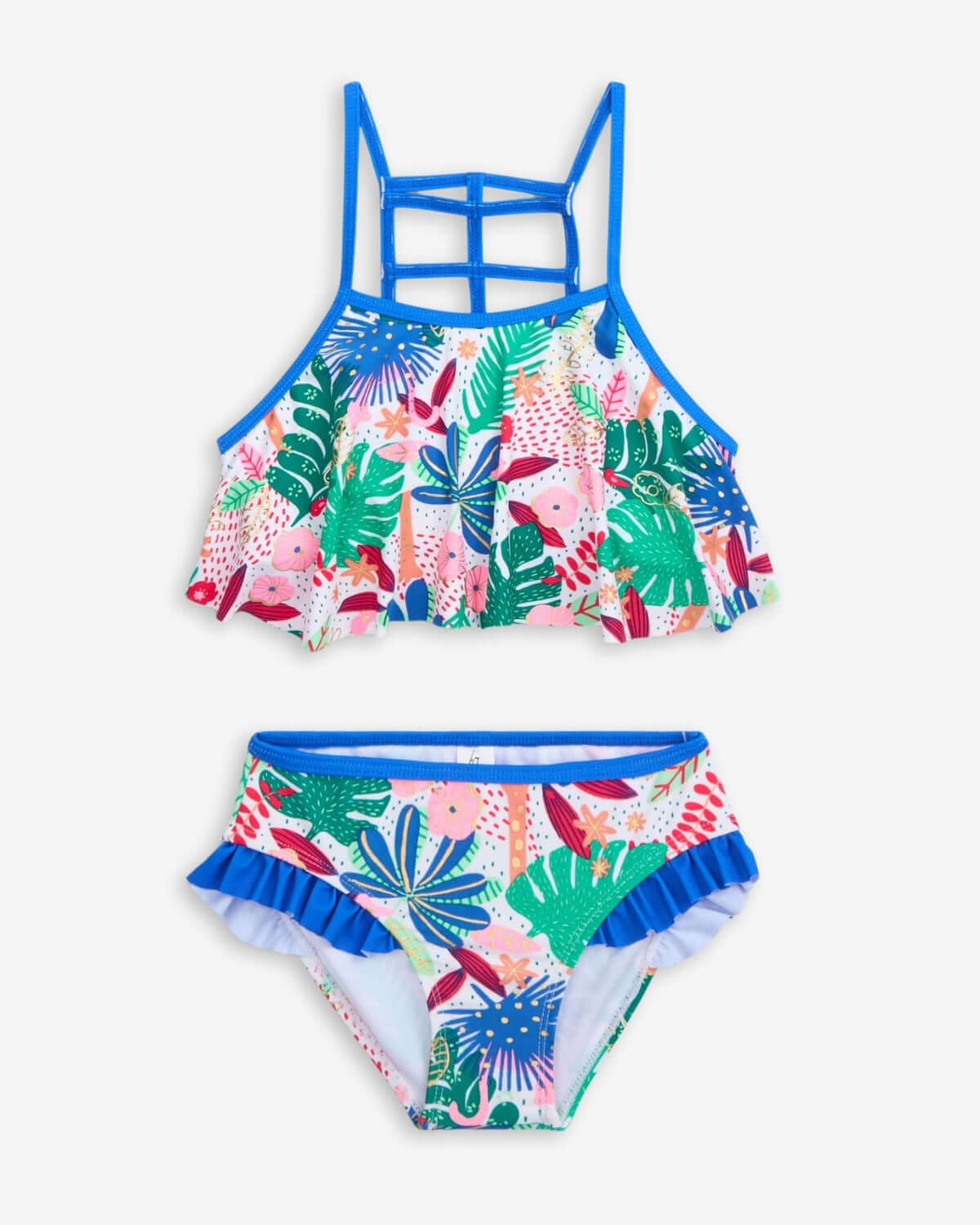 Floral Garden Hermosa Bikini Set featuring ruffles and vibrant floral patterns, perfect for summer beach fun.