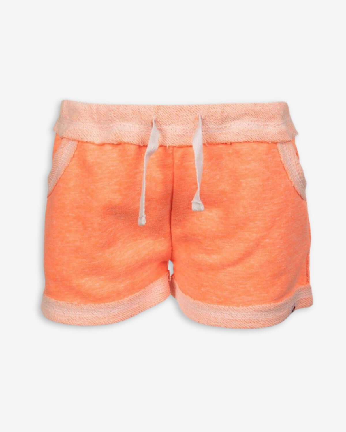 Orange Majorca Shorts featuring two raw-edge pockets and contrast stitching, perfect for playtime.