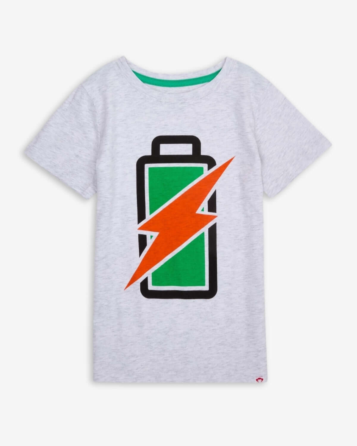 Recharged Graphic Tee featuring a cheerful charged battery design in bright colors on a gray background.