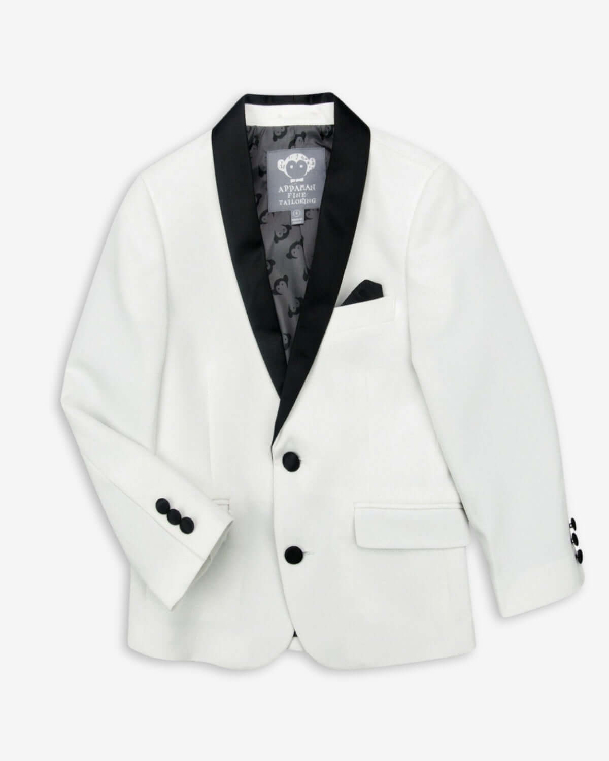 White Tuxedo Suit Jacket featuring satin collar, buttons, and pop-up pocket square for formal events.
