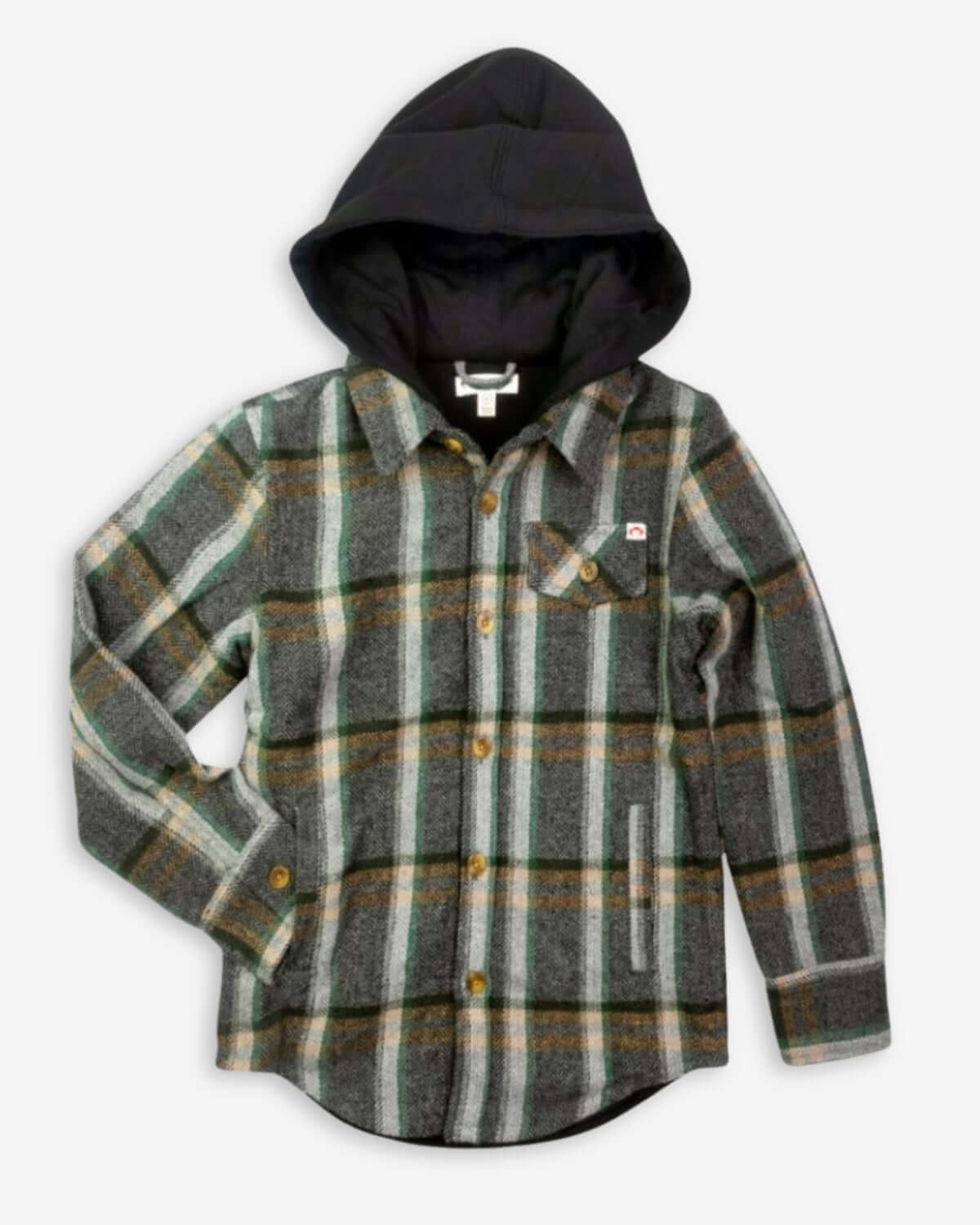 Woodland Glen Hooded Flannel in Sierra shade with buttons and pockets, perfect for a stylish fall wardrobe.