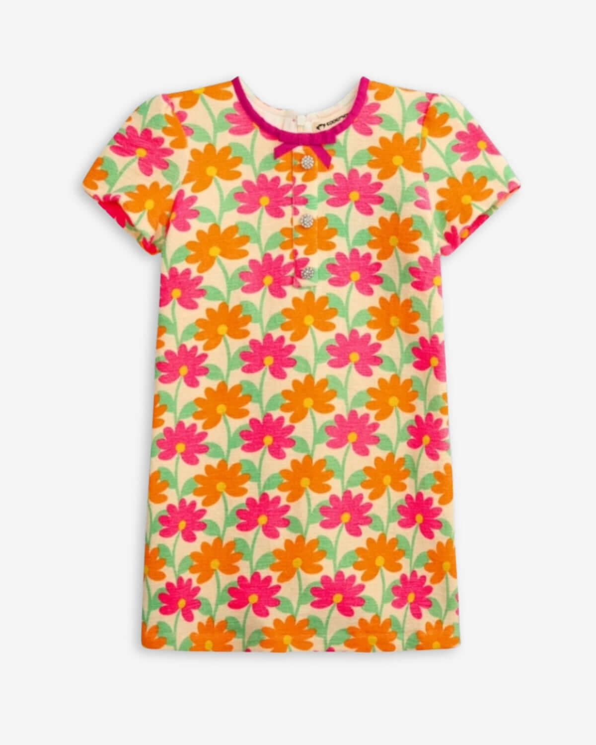 Flower Bed Ari Dress in bright orange and pink floral pattern, perfect for sunny playdates and family gatherings.