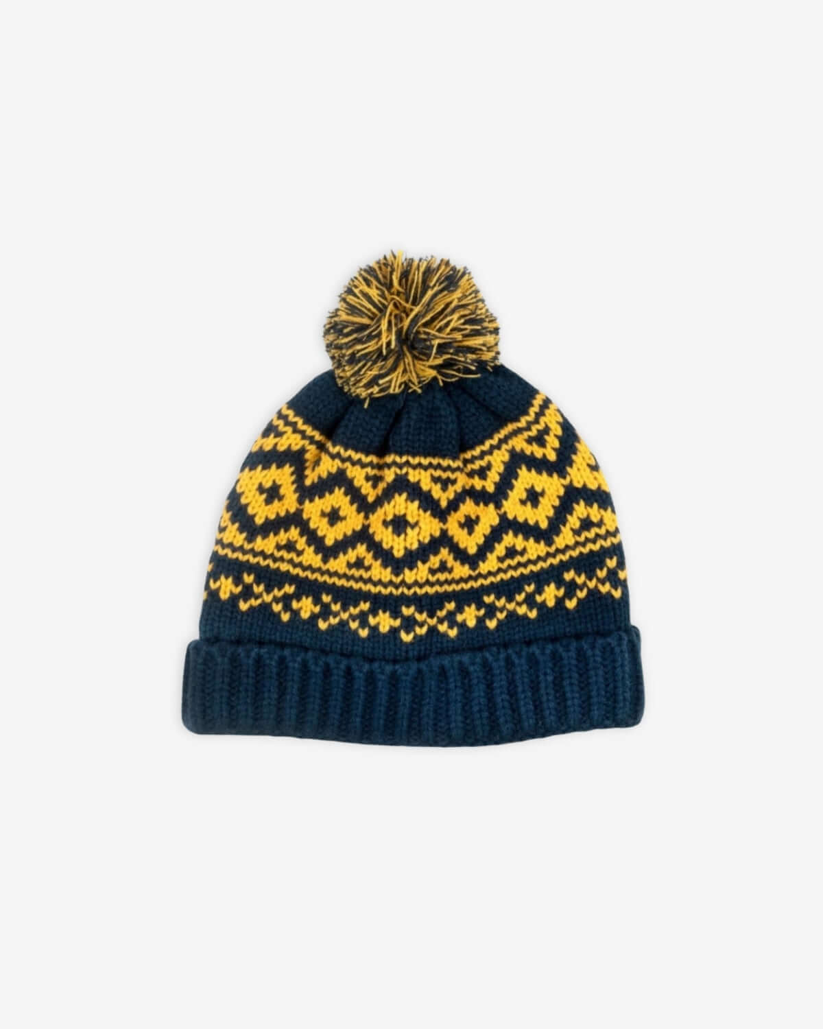 Navy Blue Bush Hat with playful pompom top and chunky knit design for winter warmth.