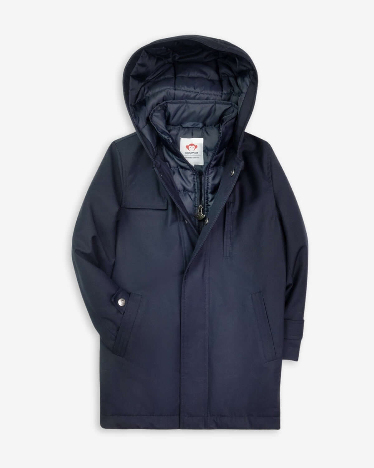 Navy Blue Urban Gotham Coat displayed, featuring a hood and premium fabric for stylish, sophisticated wear.