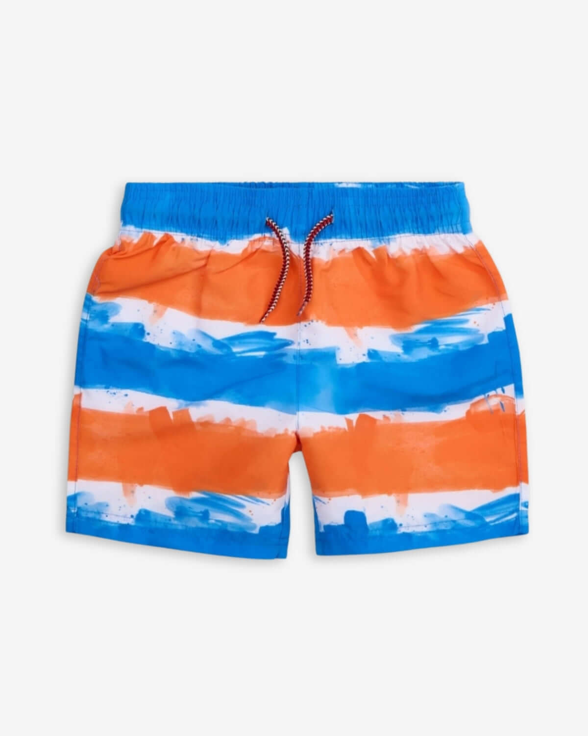 Painter's Stripe Swim Trunks featuring colorful blue and orange stripes, ideal for pool days and beach trips.
