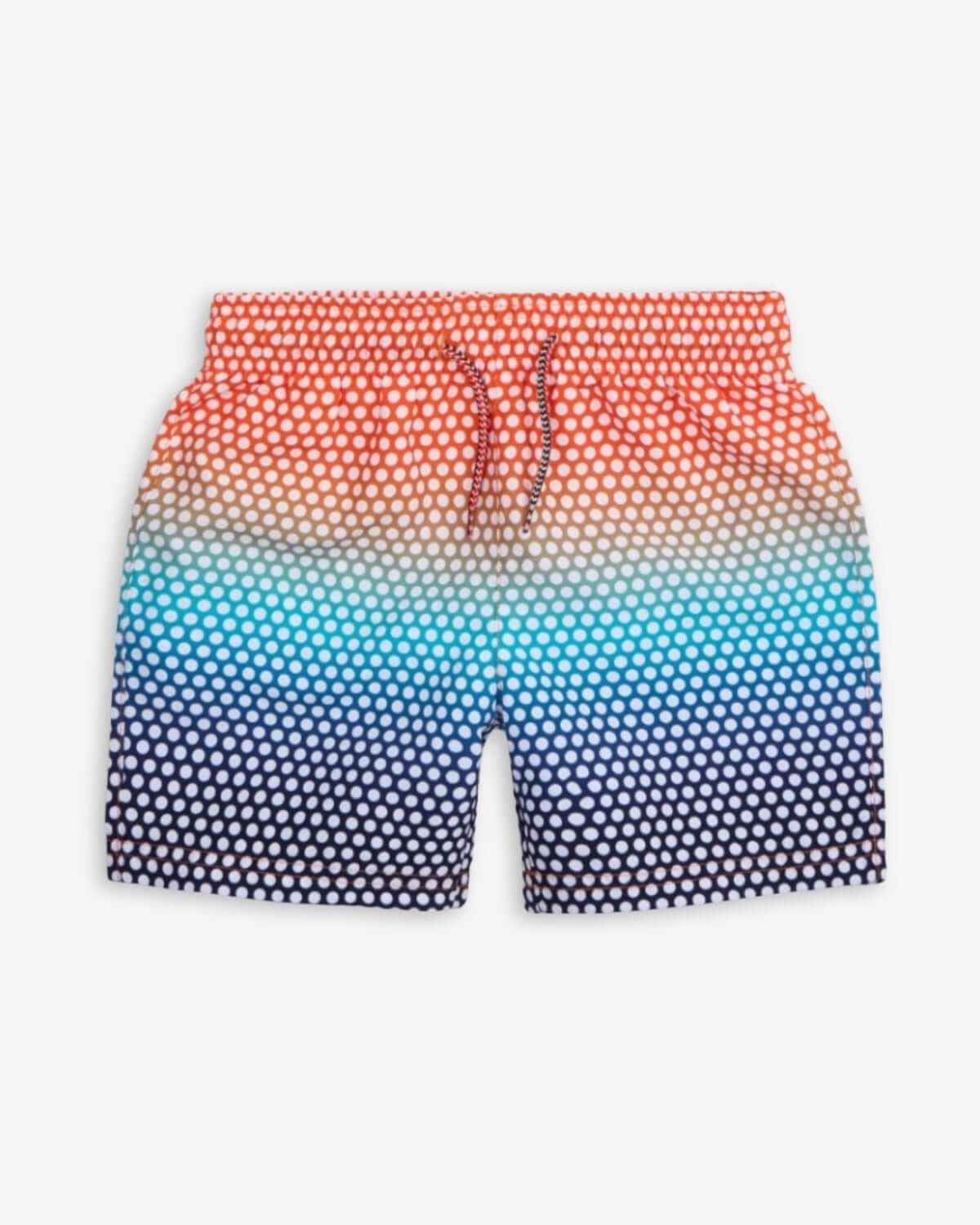 Polka Dot Swim Trunks in orange and blue ombre with adjustable drawstring, perfect for summer splashes.