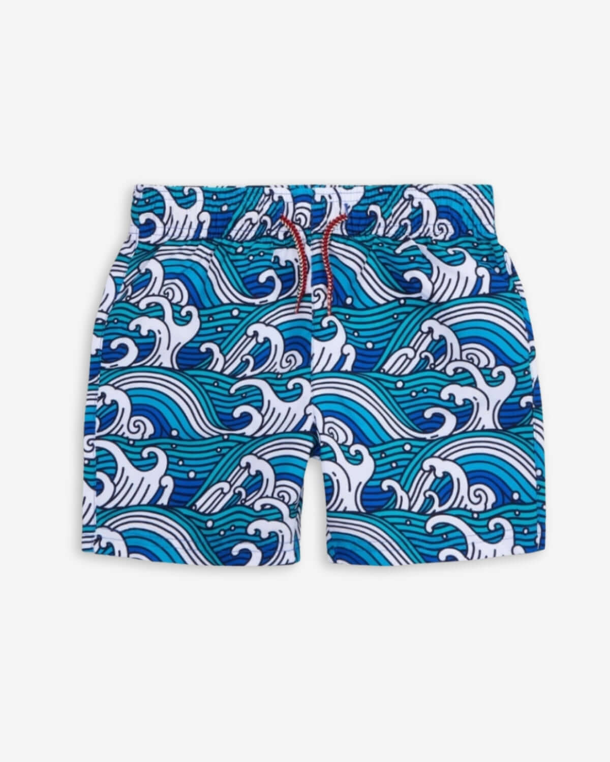 Waves Swim Trunks featuring vibrant wave design, perfect for beach days and pool parties.