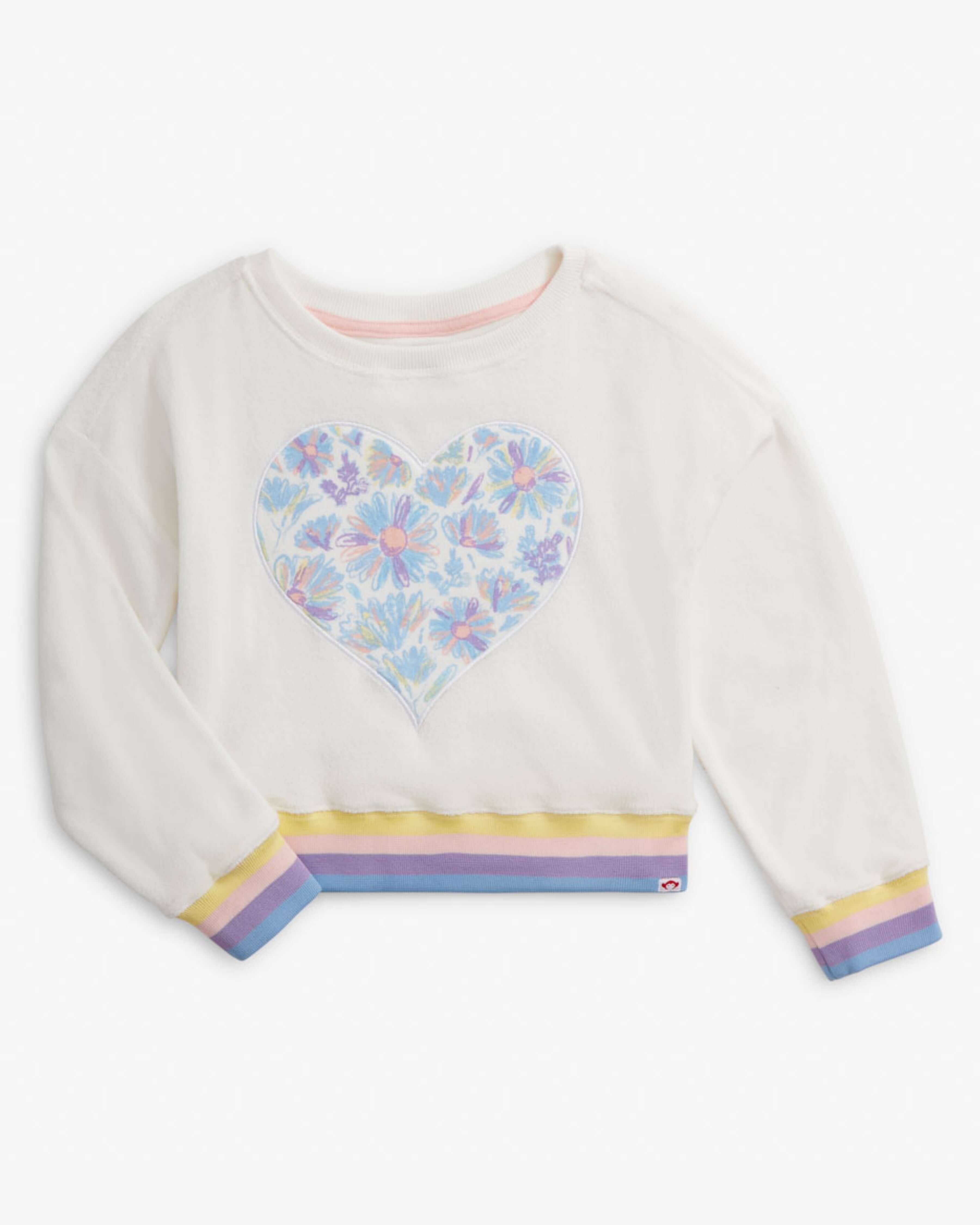 White Terry Set Floral Heart Cara Sweatshirt, high quality kids' clothing for stylish and active children.