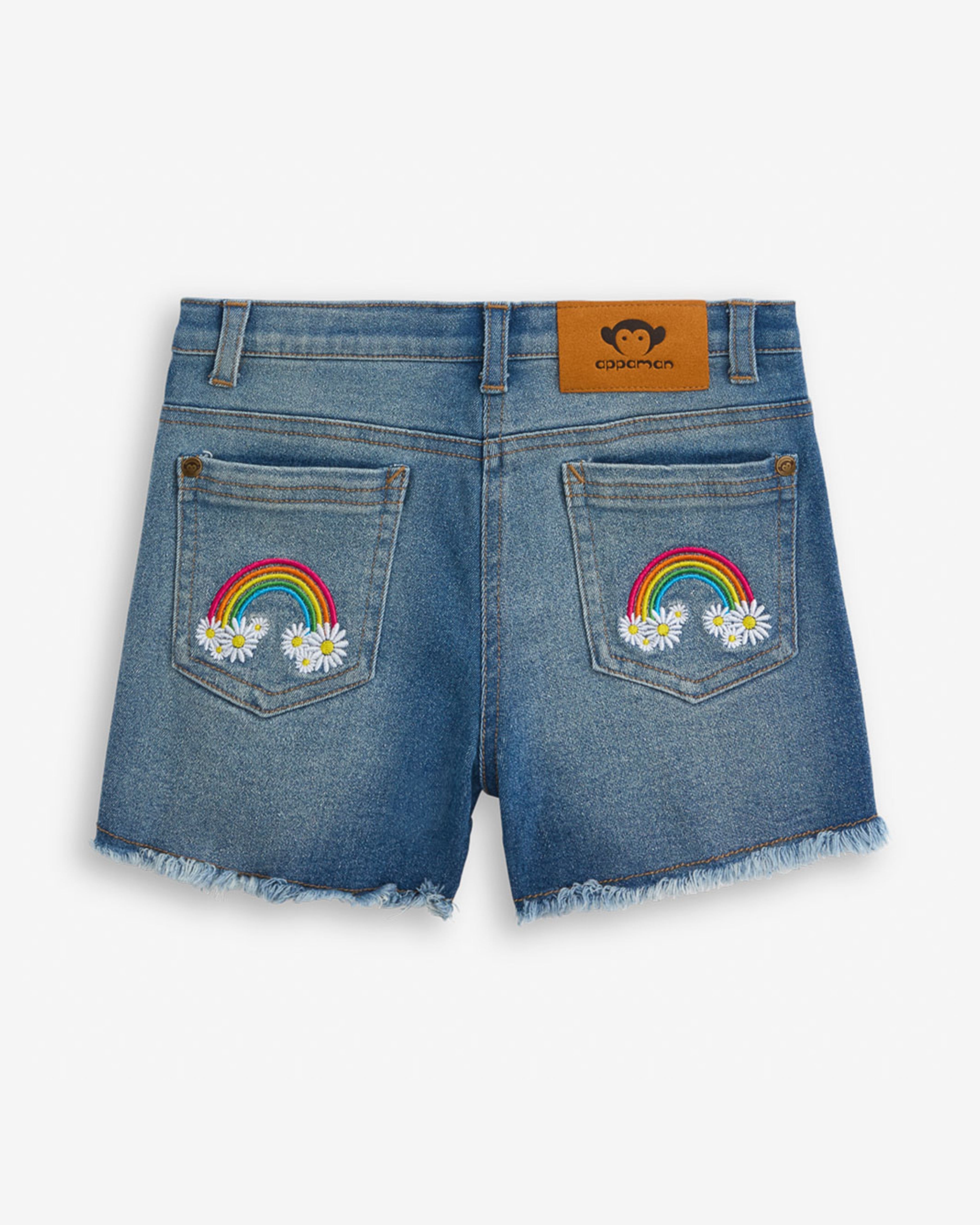 Floral Wash Rhodes Denim Short with rainbow and daisy embroidery on back pockets, ideal for summer style.