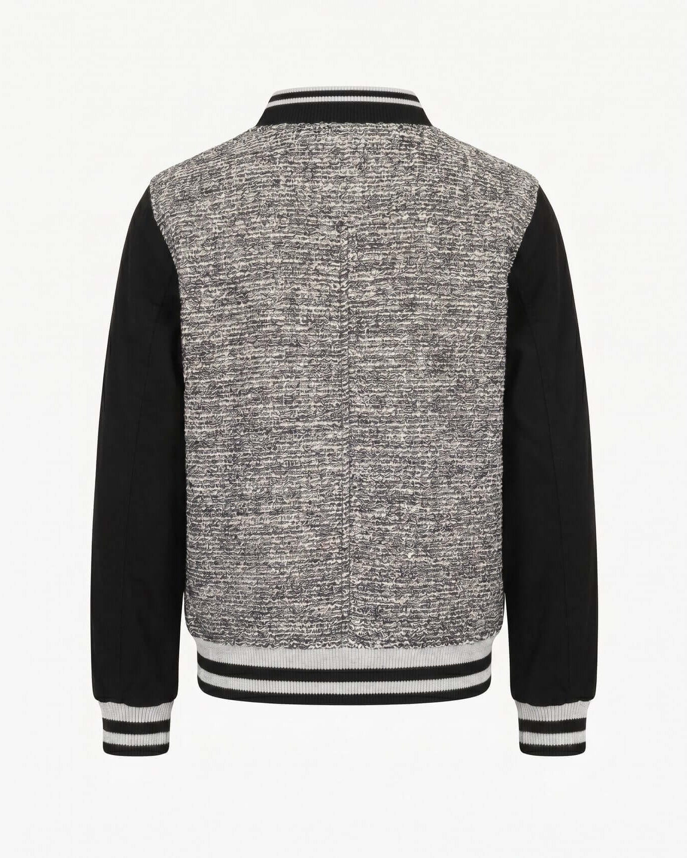 Back view of a black and gray varsity jacket on a white background
