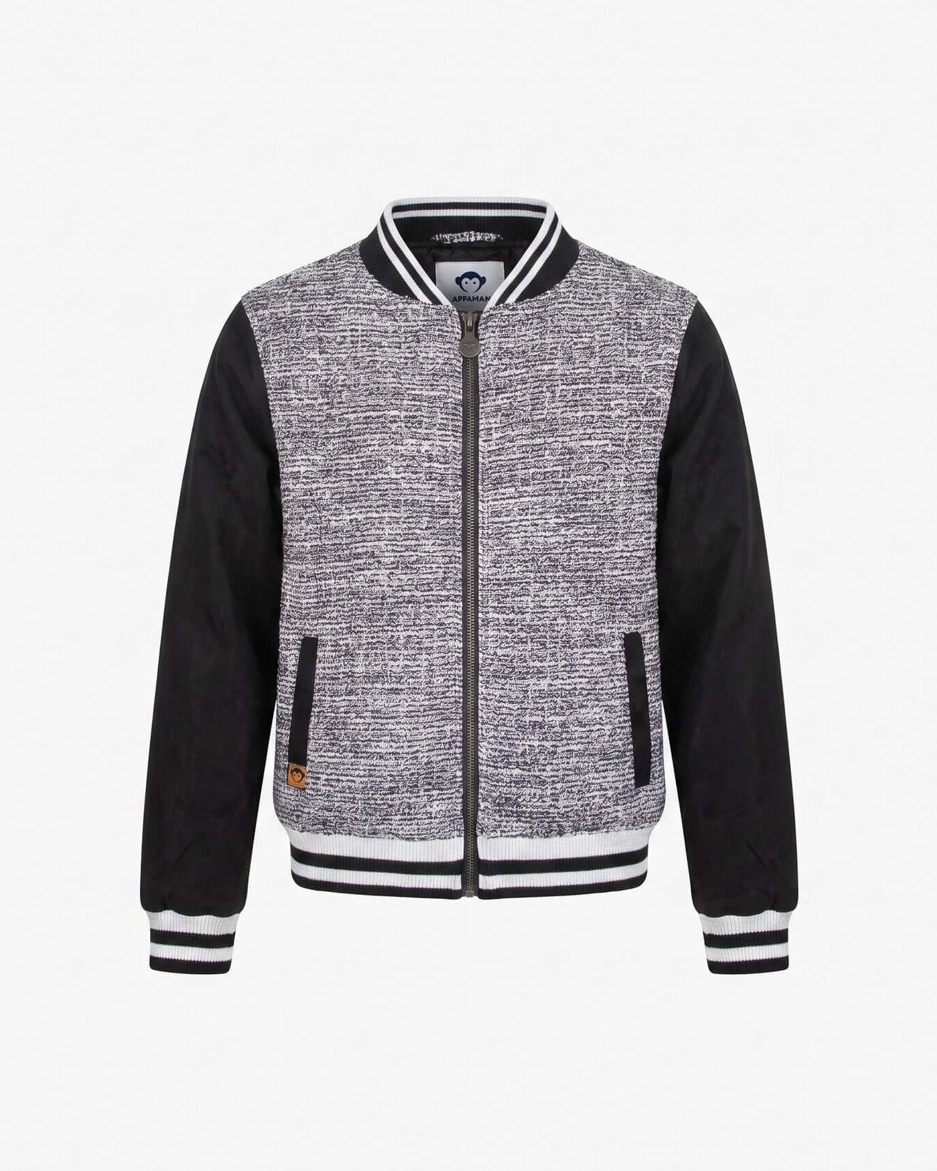 Gray and black varsity jacket with a brand logo on a white background