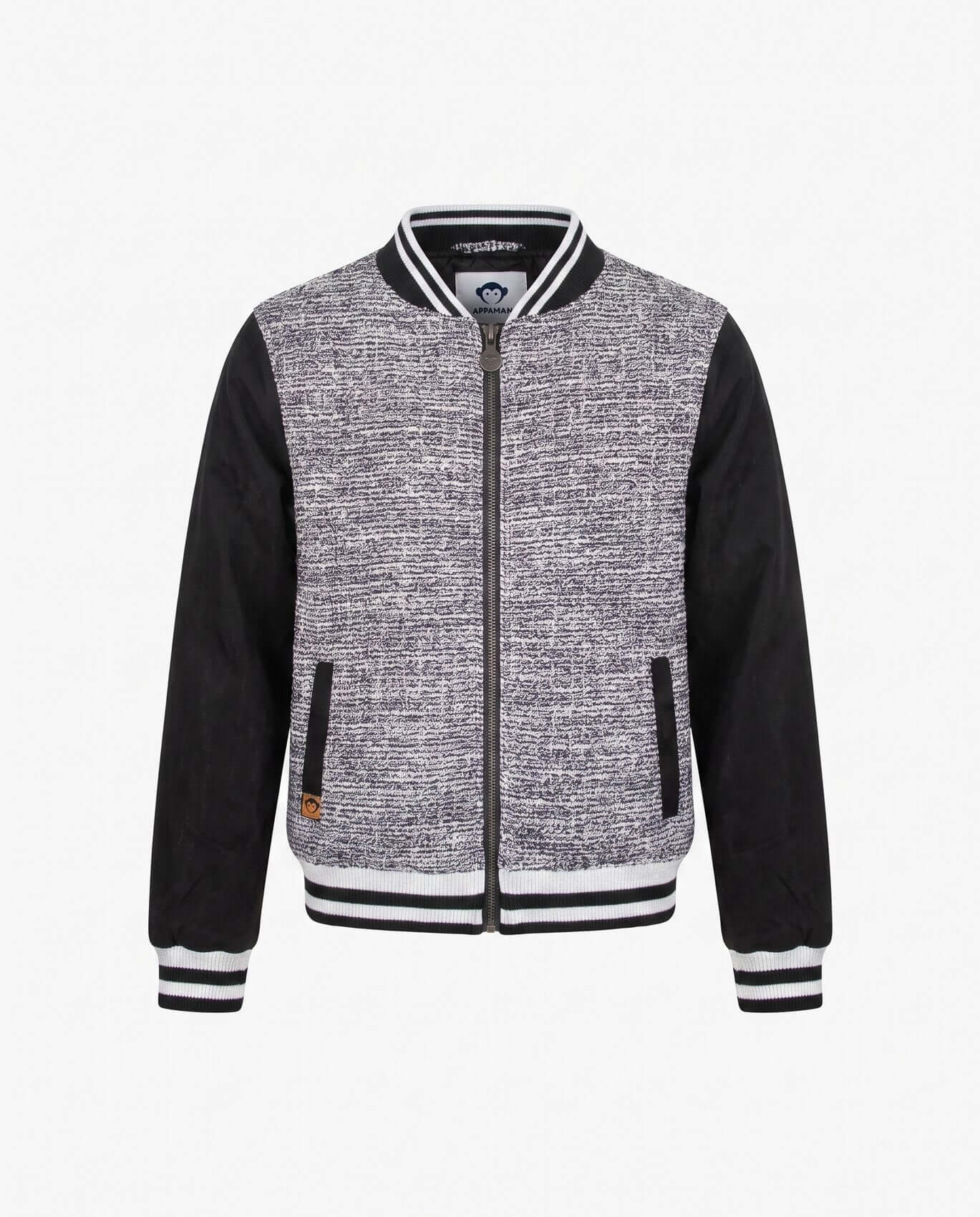 Gray and black varsity jacket with a brand logo on a white background