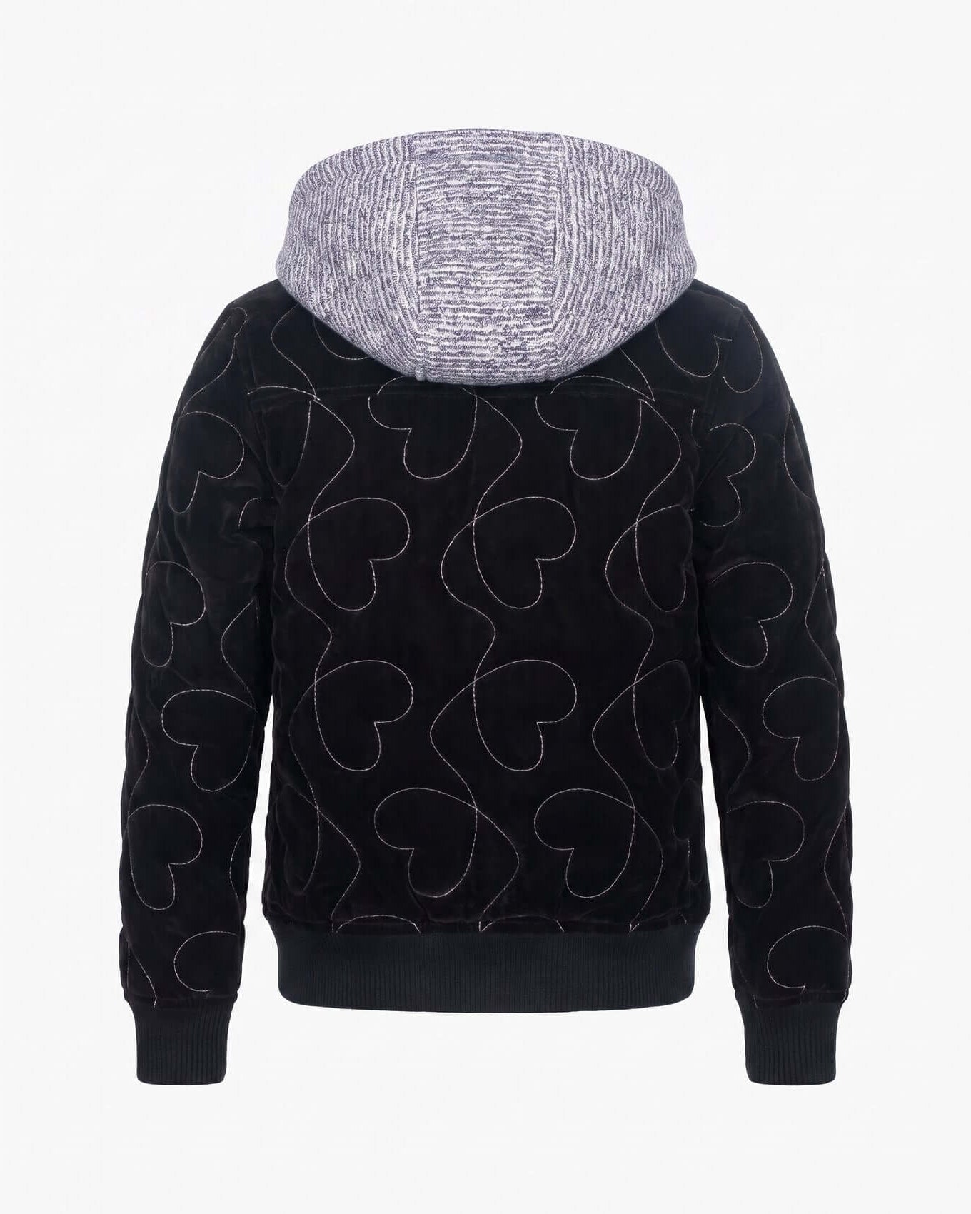 Black hoodie with heart patterns on a white background