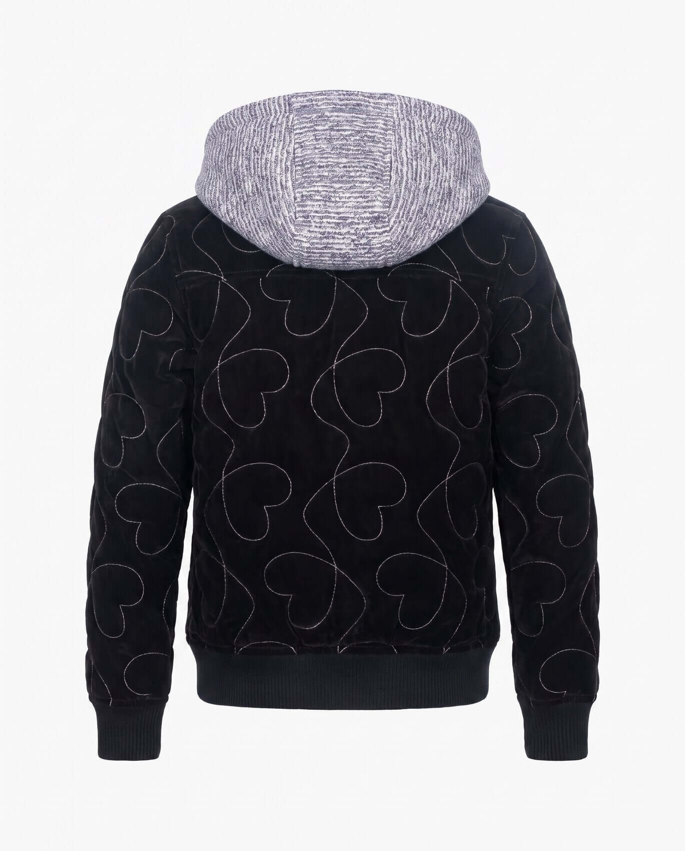 Black hoodie with heart patterns on a white background