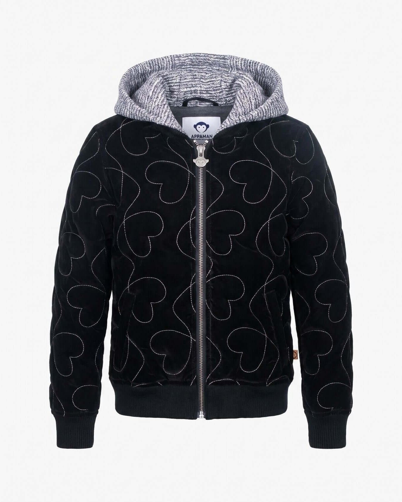 Black hoodie with heart patterns on a white background