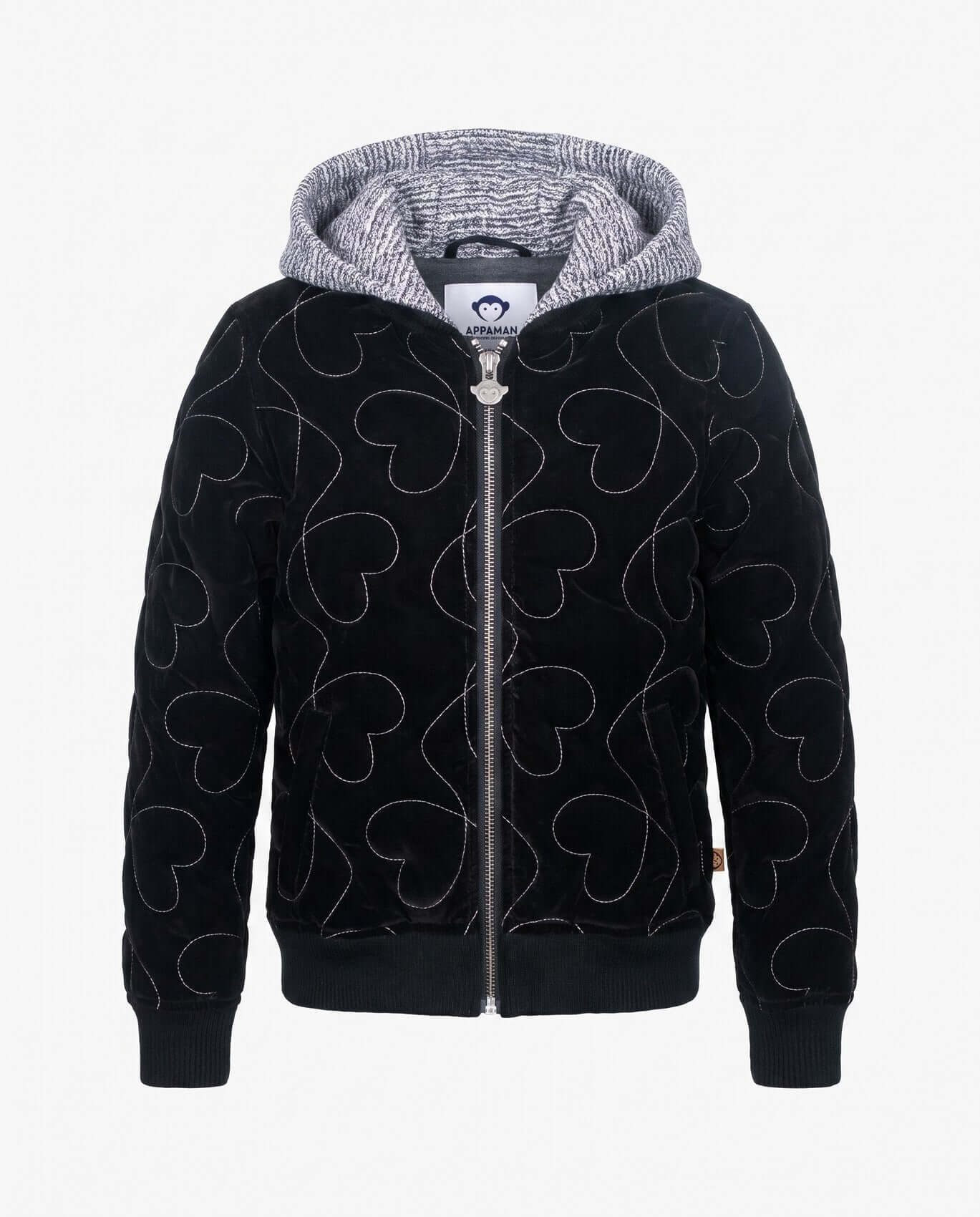 Black hoodie with heart patterns on a white background