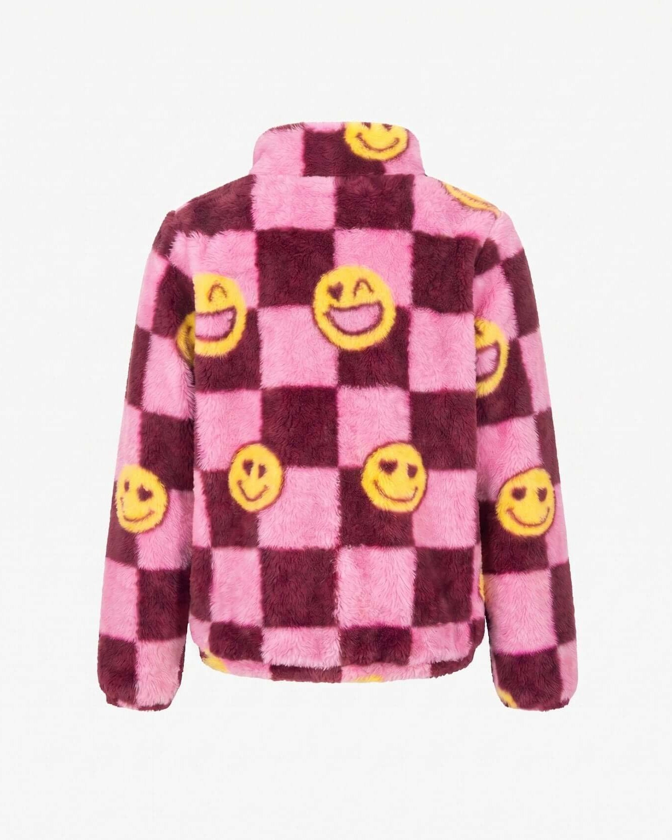 Pink and purple checkered jacket with yellow smiley face patterns on a white background