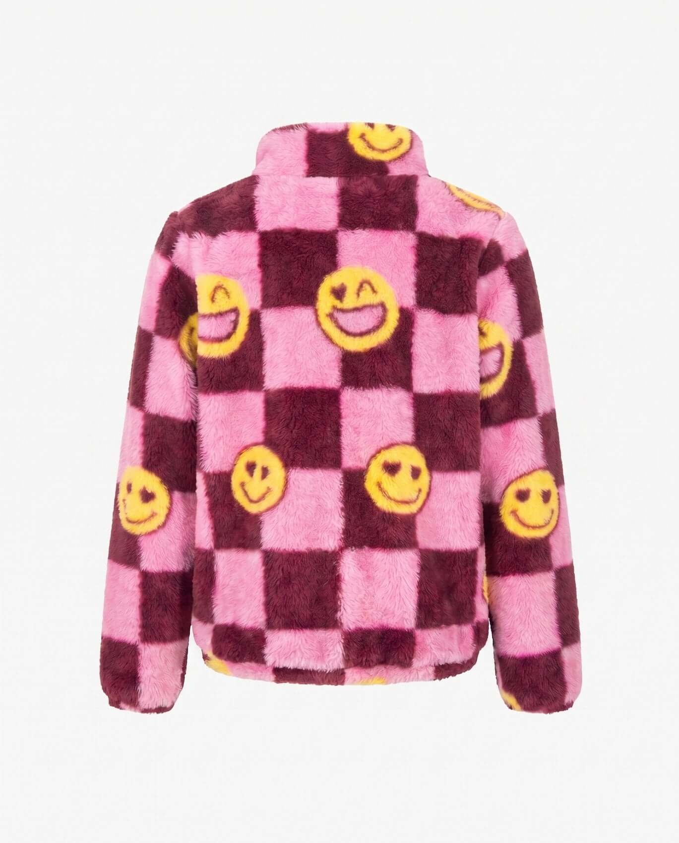 Pink and purple checkered jacket with yellow smiley face patterns on a white background