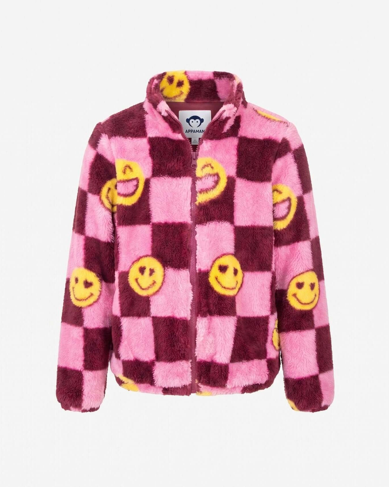 Checkered jacket with smiley face patterns on a white background