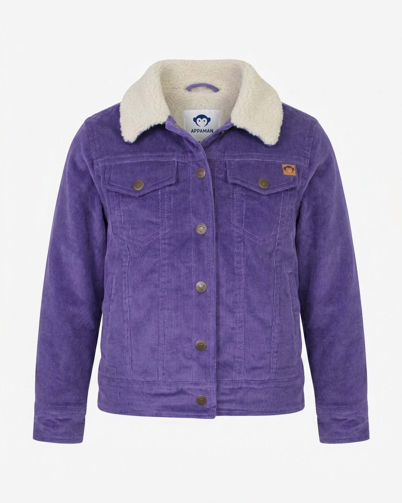 Purple jacket with a white fur collar on a light gray background