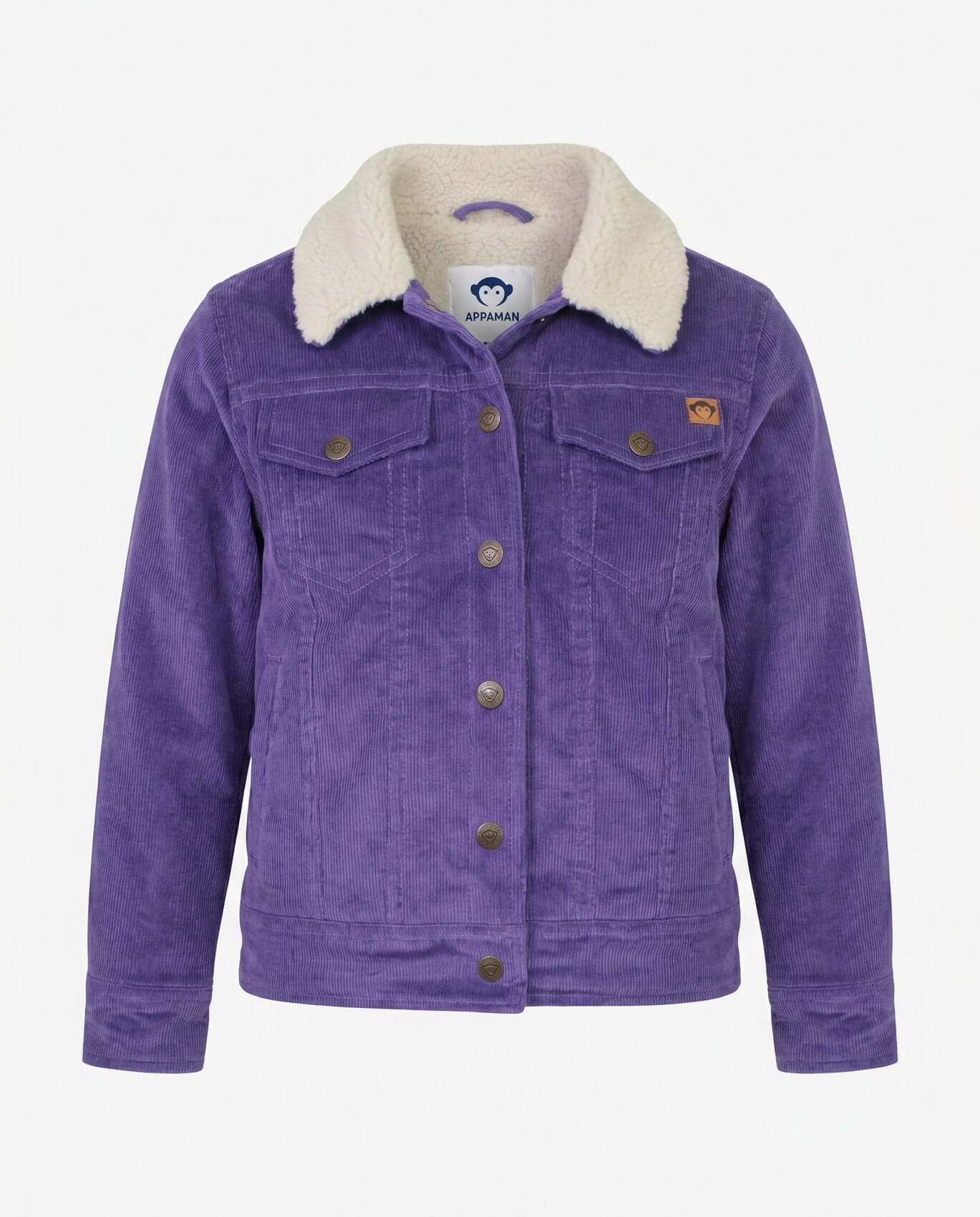 Purple jacket with a white fur collar on a light gray background
