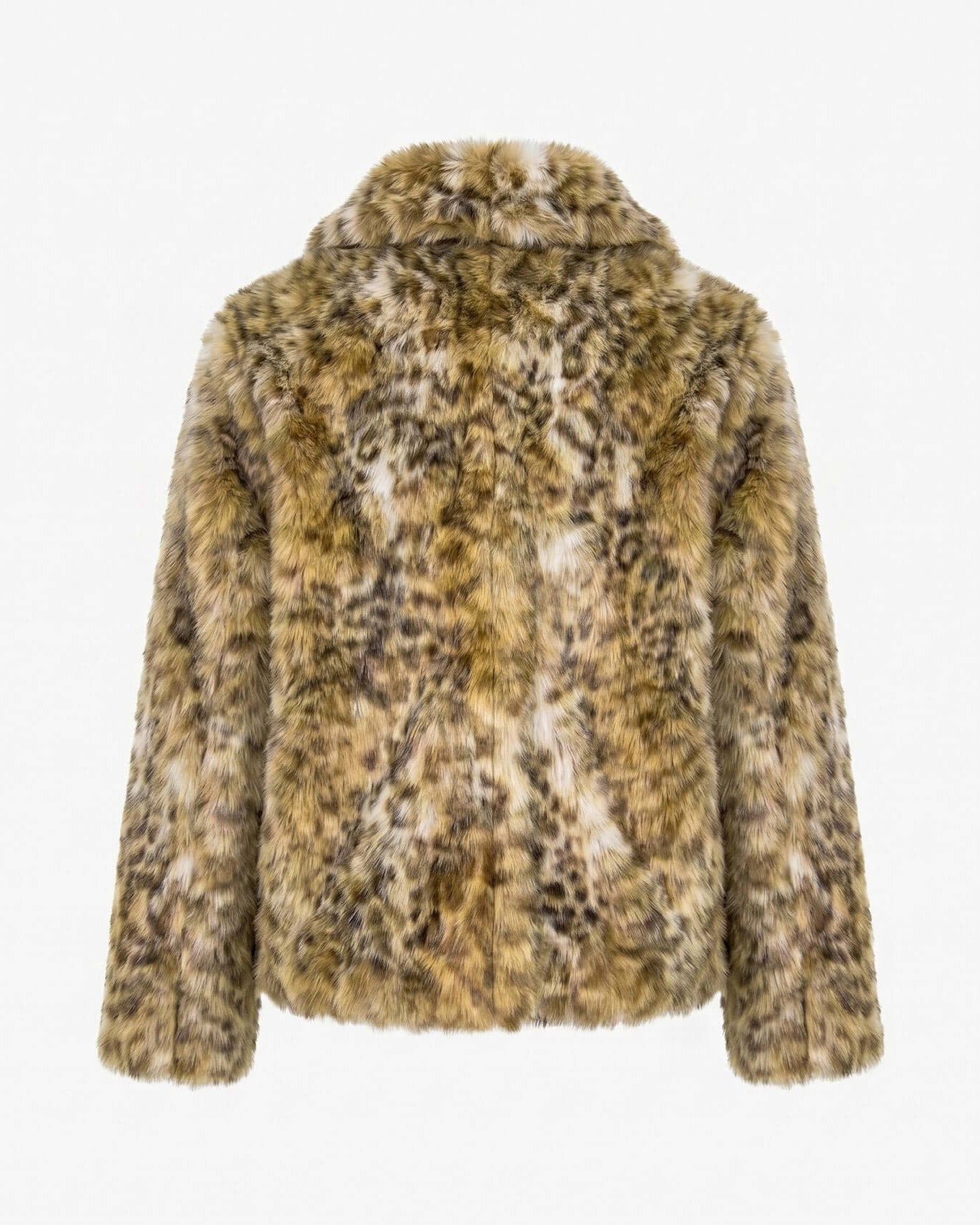 Faux fur jacket with a pattern resembling animal print on a white background
