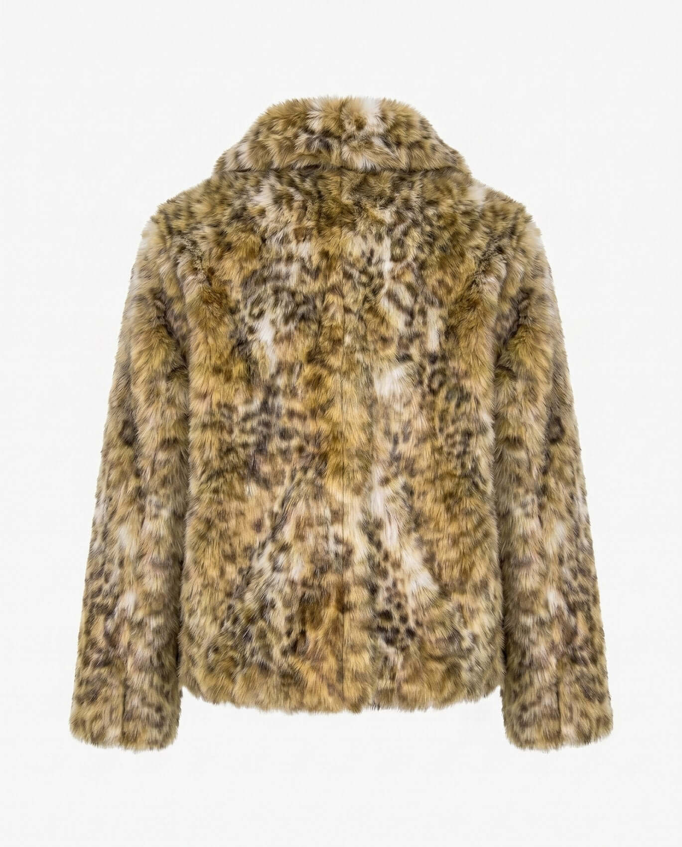 Faux fur jacket with a pattern resembling animal print on a white background
