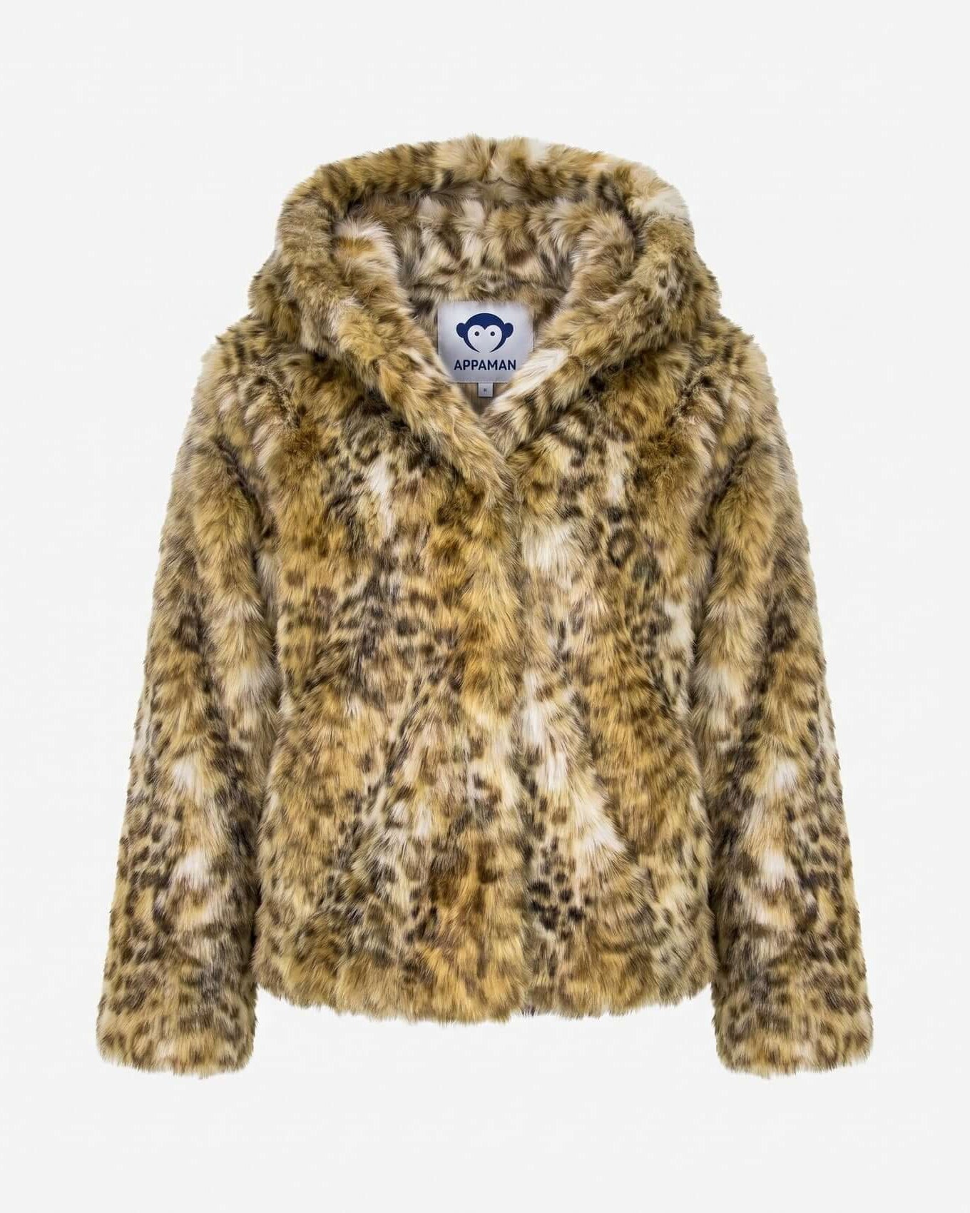 Leopard print fur coat with a brand label on a light gray background