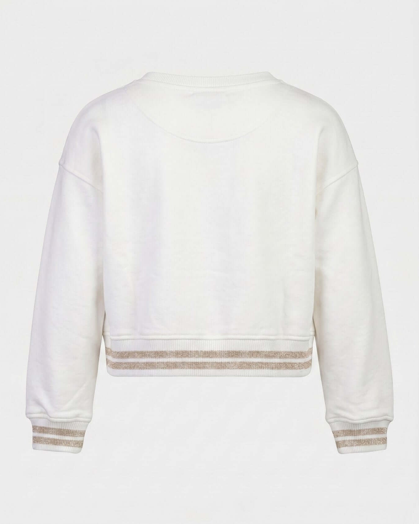White sweatshirt with brown stripes on cuffs and hem against a white background