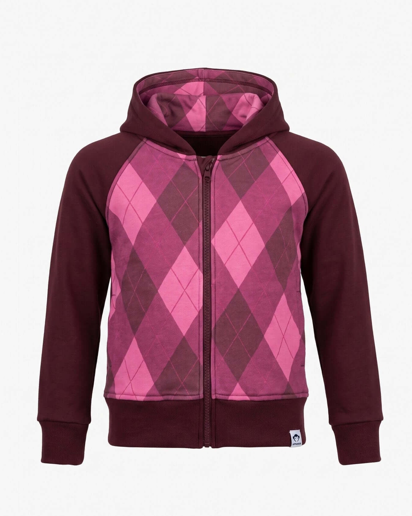 Pink and purple argyle patterned hoodie on a white background